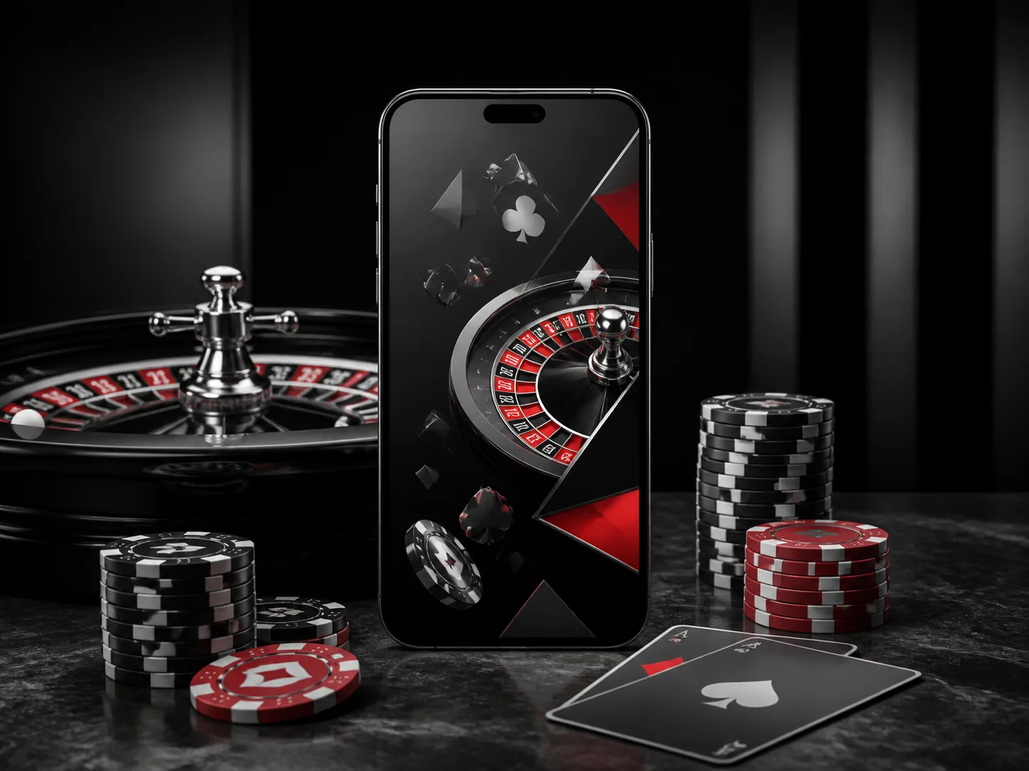 Celular em ambiente de cassino com roleta e cartas para análise de acesso móvel KZ999