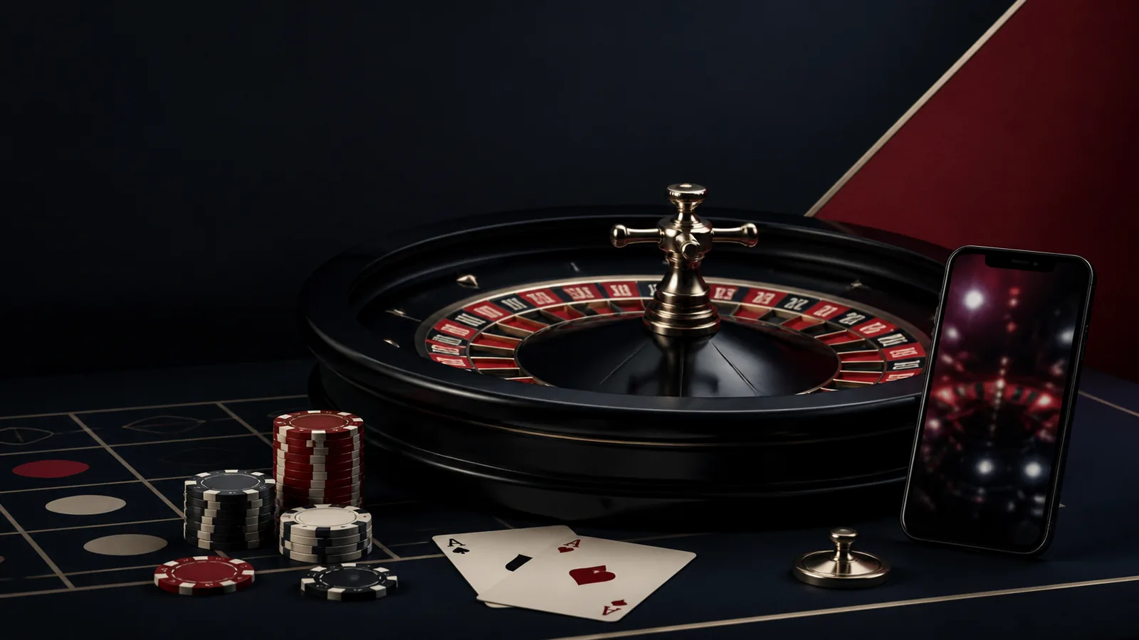 Ambiente editorial de cassino online com roleta, cartas e celular no guia KZ999